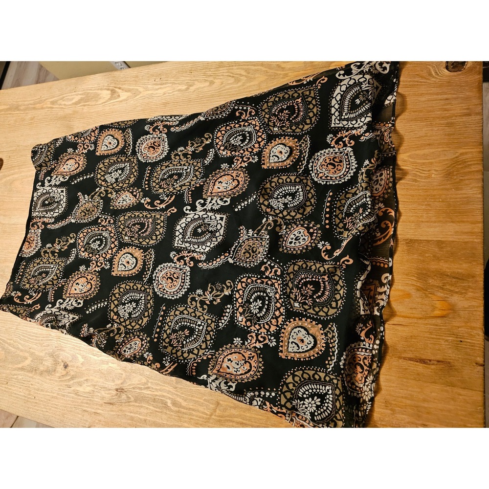 ICE Silk Midi Skirt Large Black Tan Paisley Bohemian Lined Straight Pencil